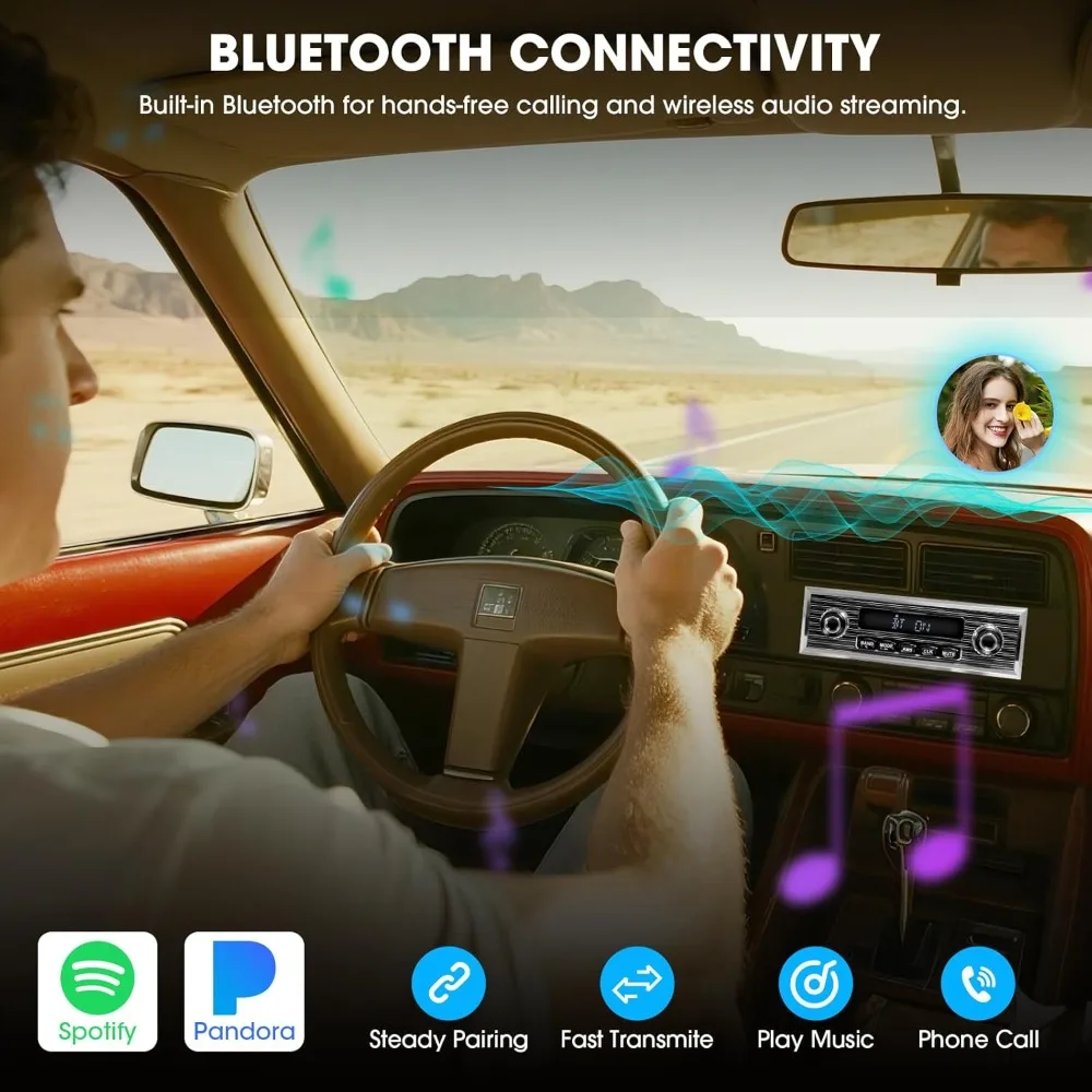Bluetooth Retro Radio for Classic Cars: Single Din Vintage Stereo with AM FM Tuner, USB AUX Input, Subwoofer RCA Output view 2