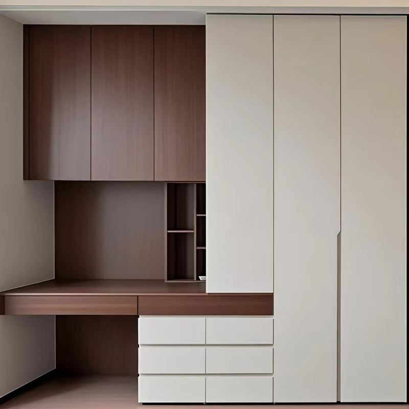 Modern Integrated Bedroom Wardrobes with Built-in Desk, Bespoke Floor-to-Ceiling Closet System, Multifunctional Storage Units