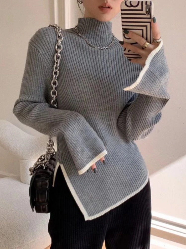 Deeptown Elegant Turtleneck Sweater Women Korean Old Money Style Slim Contrast Color Jumper Autumn Winter Casual Knitwear Tops