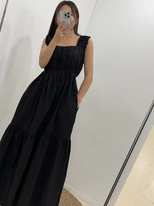 

Dongda Gate 2025 Summer New Elastic Strap Long Dr Women's High-End Square Collar Gown Sweet Sle Bell Sve without Sve