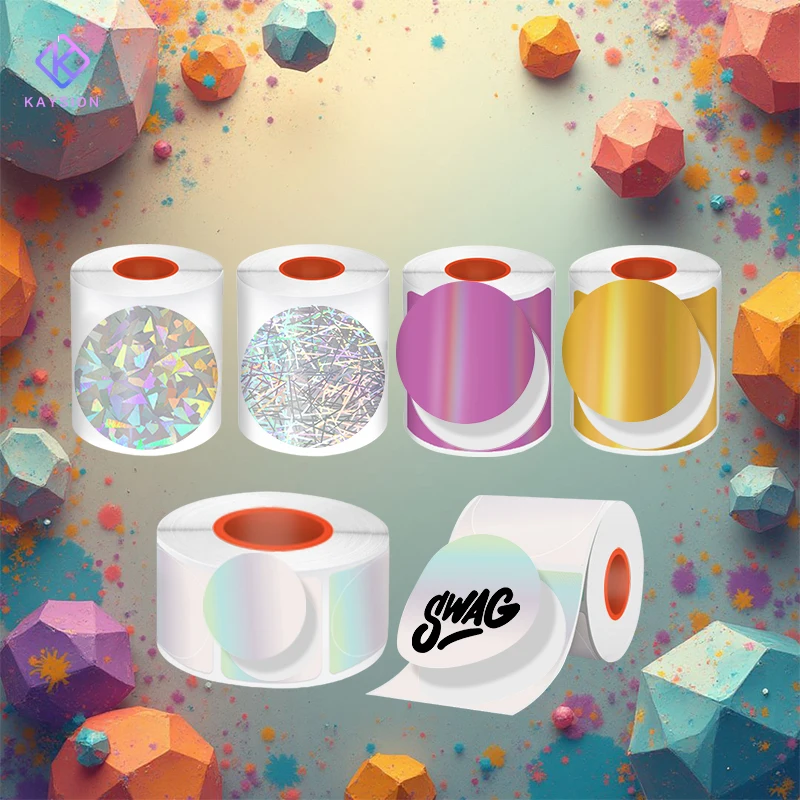 

KAYSION 30/50 мм круглая лазерная термобумага для этикеток, устойчивая к царапинам, прочная голографическая этикетка, серебристая/золотая/фиолетовая на выбор