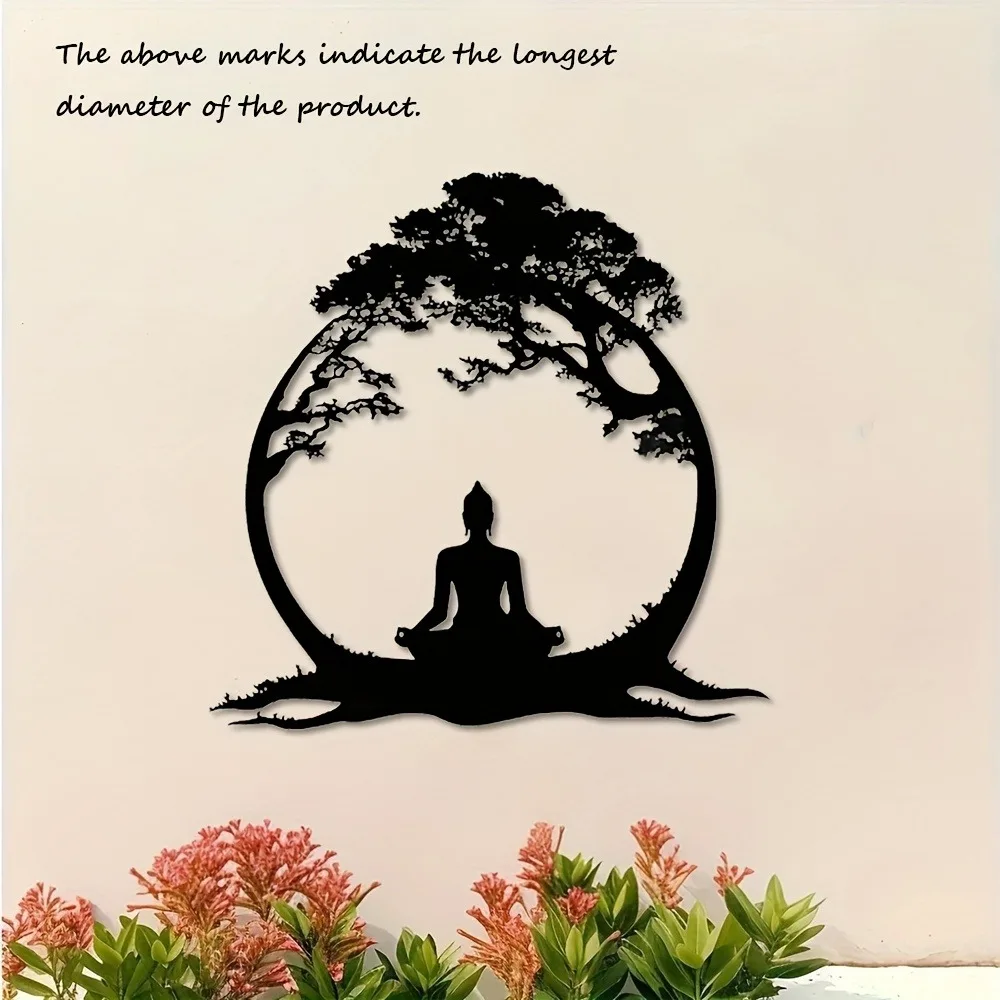Meditation Scene Metal Wall Art Black Lacquered Vintage Tree Plaque Elegant Home Wall Hanging Decor