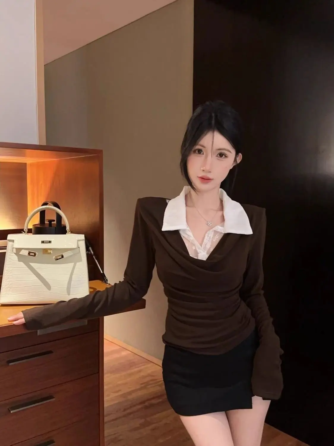 Impresionante encaje empalme largo Sve camiseta mujer invierno puro deseo gota-oldro Base irt ropa interior viaje Sle coreano...