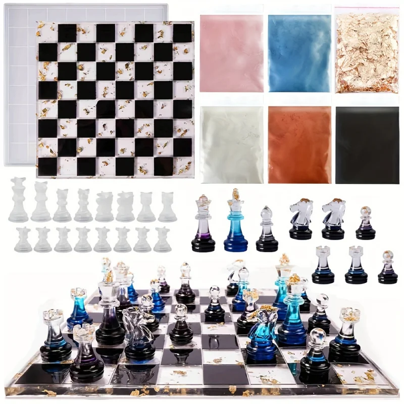 23pcs Chess Set with Silicone Molds - DIY Craft Kit for Board Games, Includes Full Size 3D Pieces & Resin Casting Mold