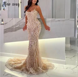 Dubai Straps Champagne Party Dress Pearls Covered Long Mermaid Evening Dress Women Beaded Pageant Cocktail Dress Bridal Gowns