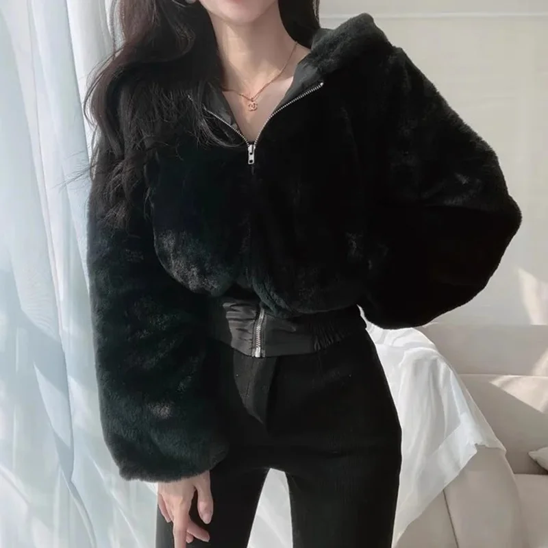 Chic hiver femmes fermeture éclair à capuche longue Sve couleur Pure ort manteau décontracté polyvalent coupe ample fourrure Jaet trajet Sle