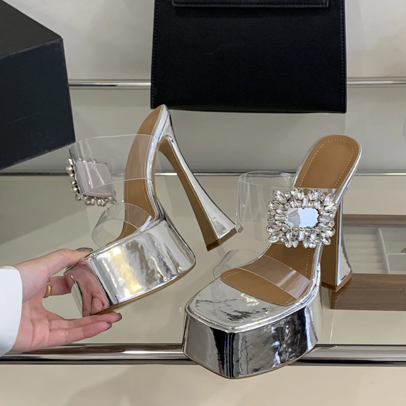 

Сексуальные босоножки Aneikeh с квадратным носком, стразами и пряжкой, на высокой платформе, с толстым каблуком, модные, с открытым носком, свадебные туфли