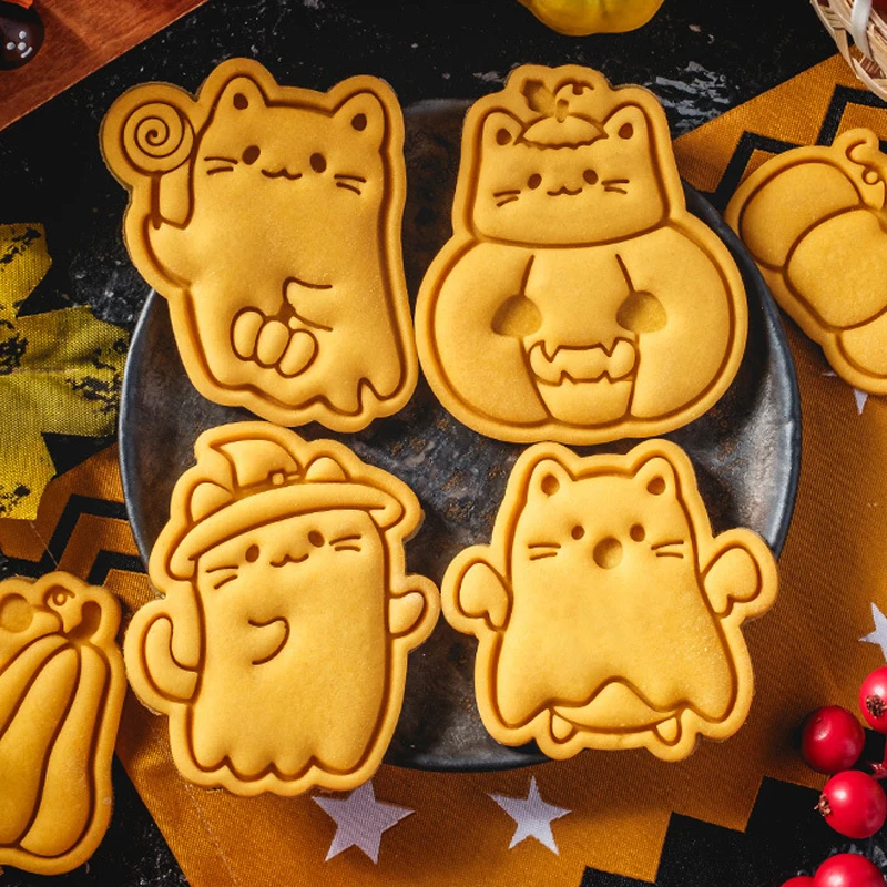 Cartoon Kitten Cookie Mold Halloween Spooky Pumpkin Cat Flipper Cutting Biscuit Molds for Decoration Cakes Pastries Fondant