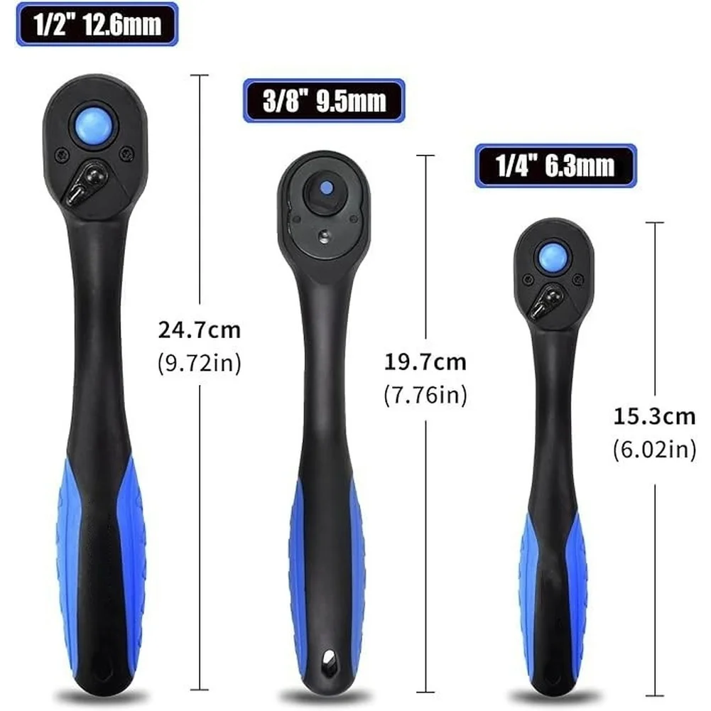 

72 Tooth Ratchet Wrench Set 3 Pcs Curved Handle Quick Release For 1/4 3/8 1/2 Inch Socket Repair Auto Mechanic Hand Tools Kit