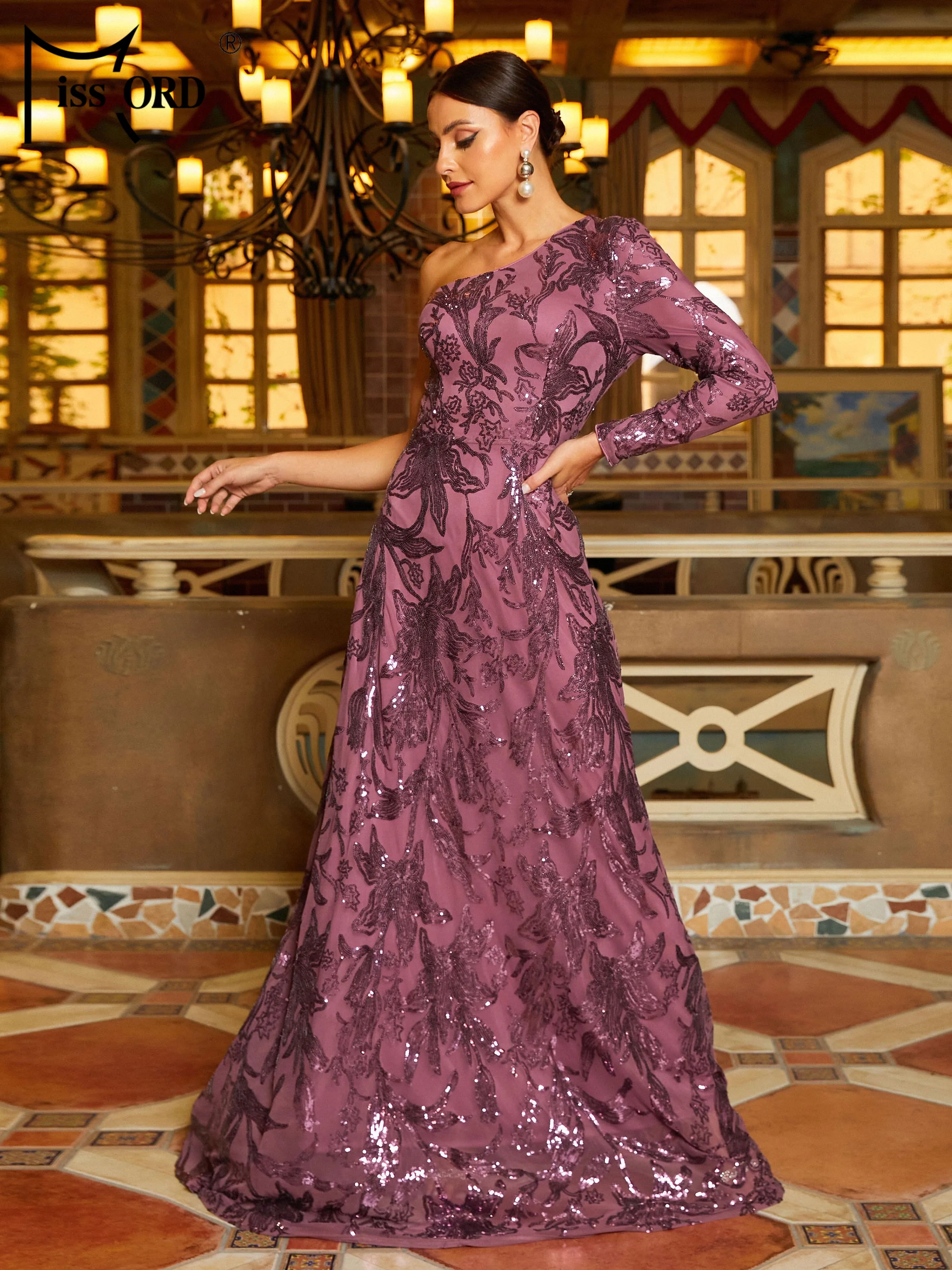 Missord Purple Foral Sequin Evening Dress Elegant Women One Shoulder Long Sleeve A-line Party Prom Dresses Formal Gown