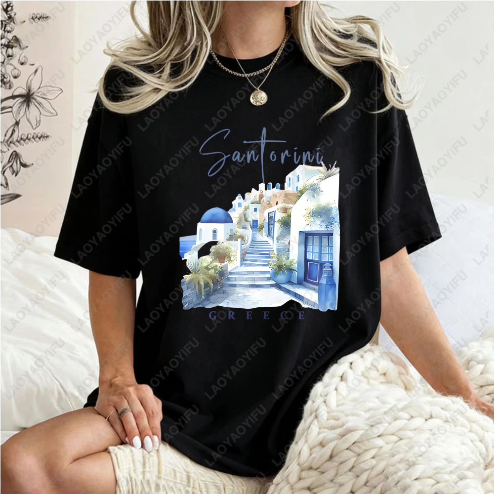 

Santorini Greece Landscape Print Casual Summer Unisex Cotton T-Shirt Fashion Travel Theme Loose Fit Top For Women Men