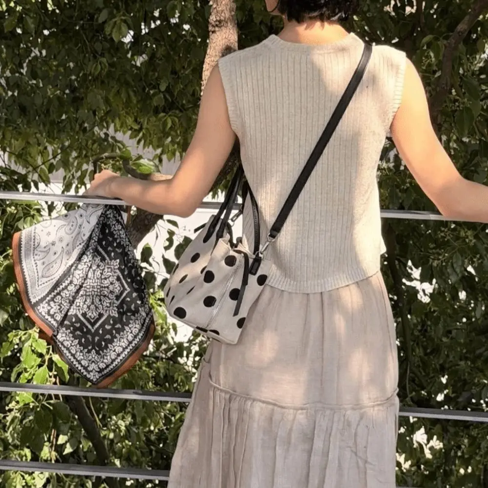 Minimalist Multi-compartment Tote Bag Lightweight Multi-layer Polka Dot Shoulder Bag Drawstring Decor Large Capacity