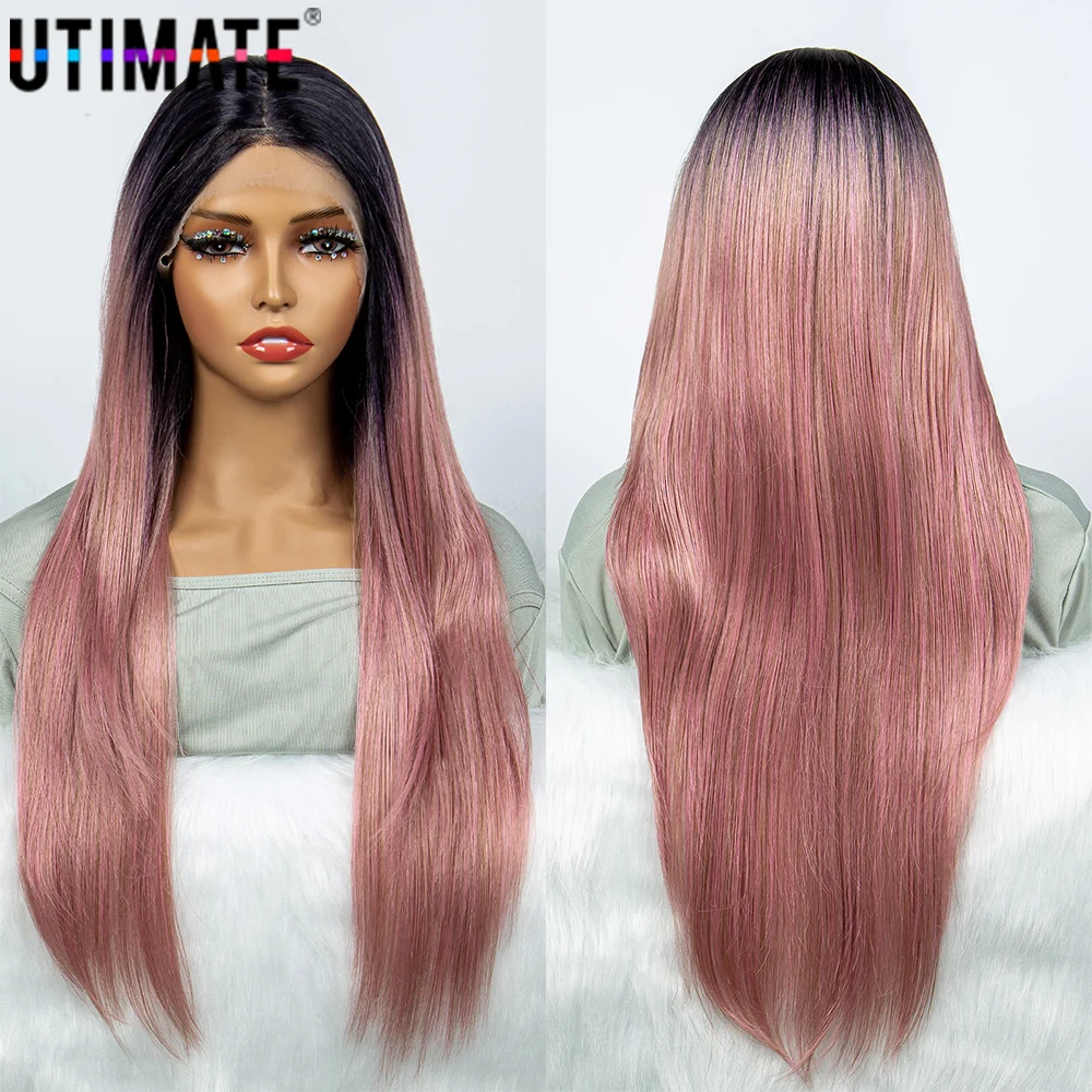 

Ombre Pink Synthetic Wigs Dark Root Lace Front Wigs Natural Hair Wigs for Women Heat Resistant Middle Part Hair Cosplay Use