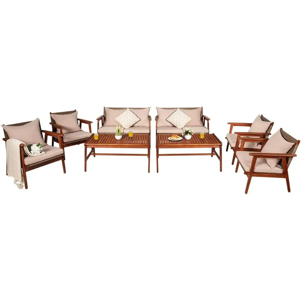 

8-Piece Outdoor Acacia Wood Patio Sofa Set with Cushions and Coffee Table, Ideal for Backyard, Garden, or Poolside (Brown)