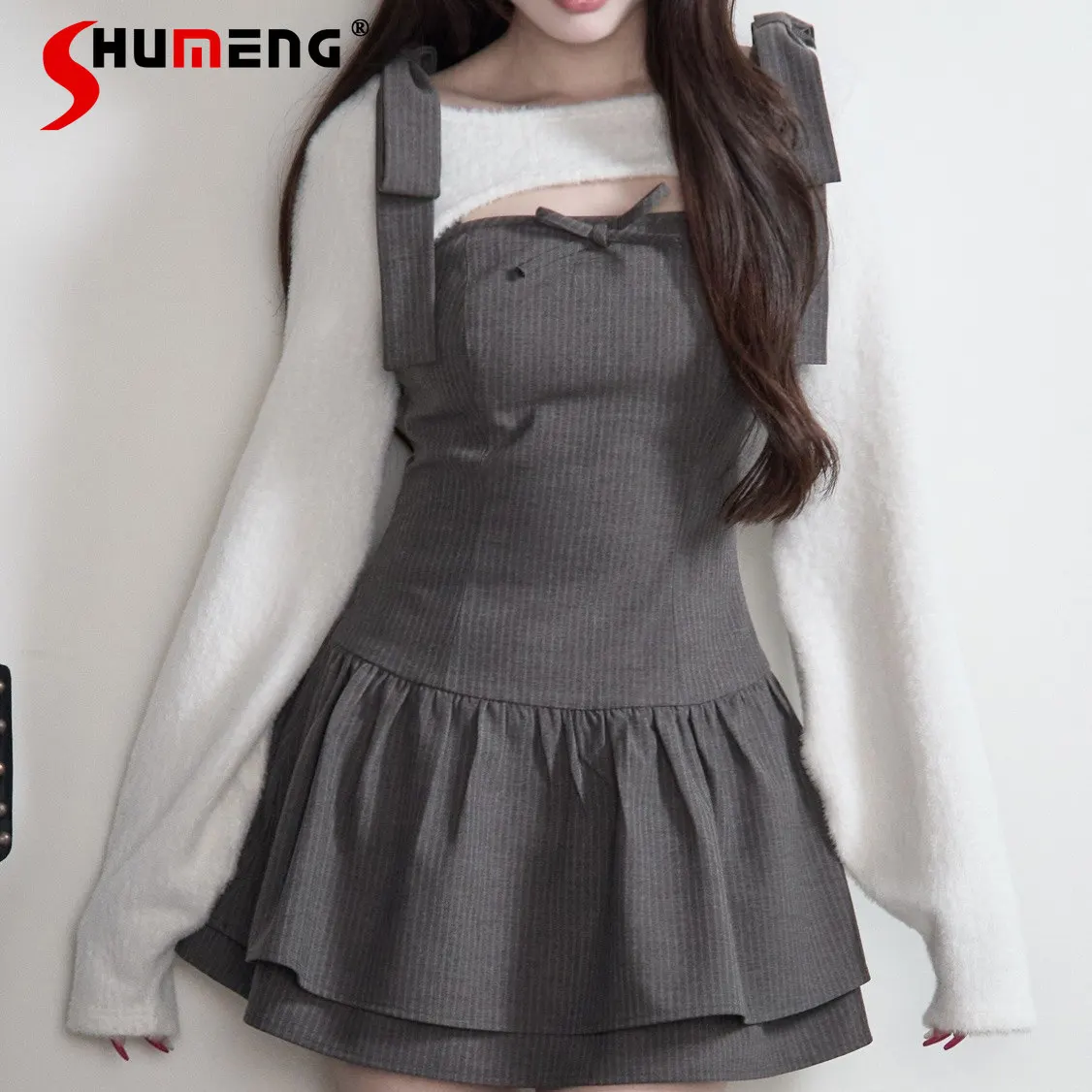 

Массовая работа в японском стиле, жилет с длинными рукавами, топы без рукавов с бантом и высокой талией, тонкое полосатое короткое платье, комплект из двух предметов для женщин