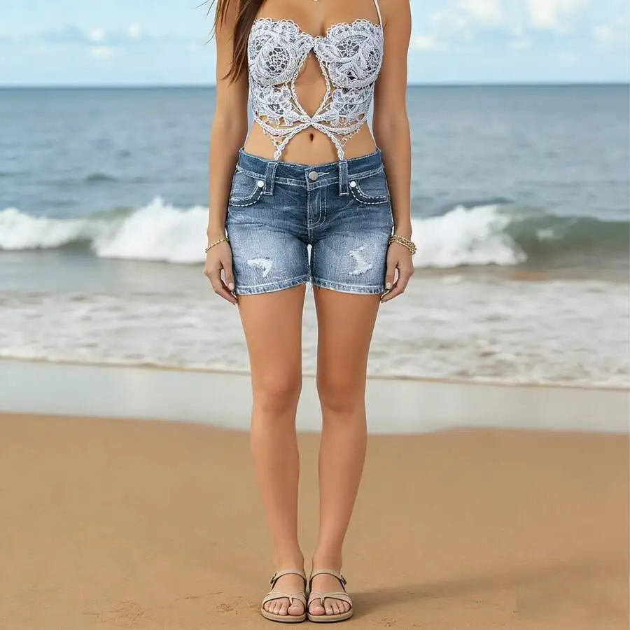

Womens High-Waisted Stretch Denim Shorts With Ripped Details And Lace Top