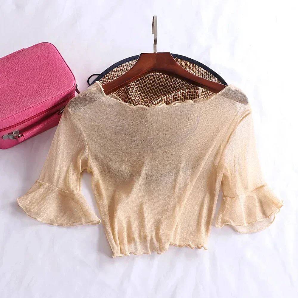 

Thin S-3XL Ruched Short Sleeve Mesh T-shirts Black White Pink Grey Sexy Lady O Neck Transparent Mesh Cropped Elastic Shirt Tops