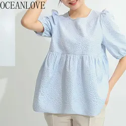 OCEANLOVE Japan Style Women Blouses Solid Puff Sleeve Loose Vintage Summer Blusas Mujer Sweet Spring Sweet Shirts Casual