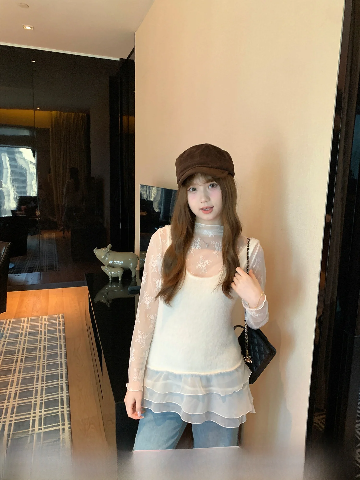 

Romantic Story Lace Embroidery Fleece Lined Vest Top Set Cute Girl Style Long Sleeve Floral Patterned Daily Wear by Kong Zhen...