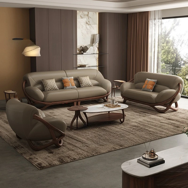 

New Chinese black walnut solid wood leather sofa 124 combination modern simple living room