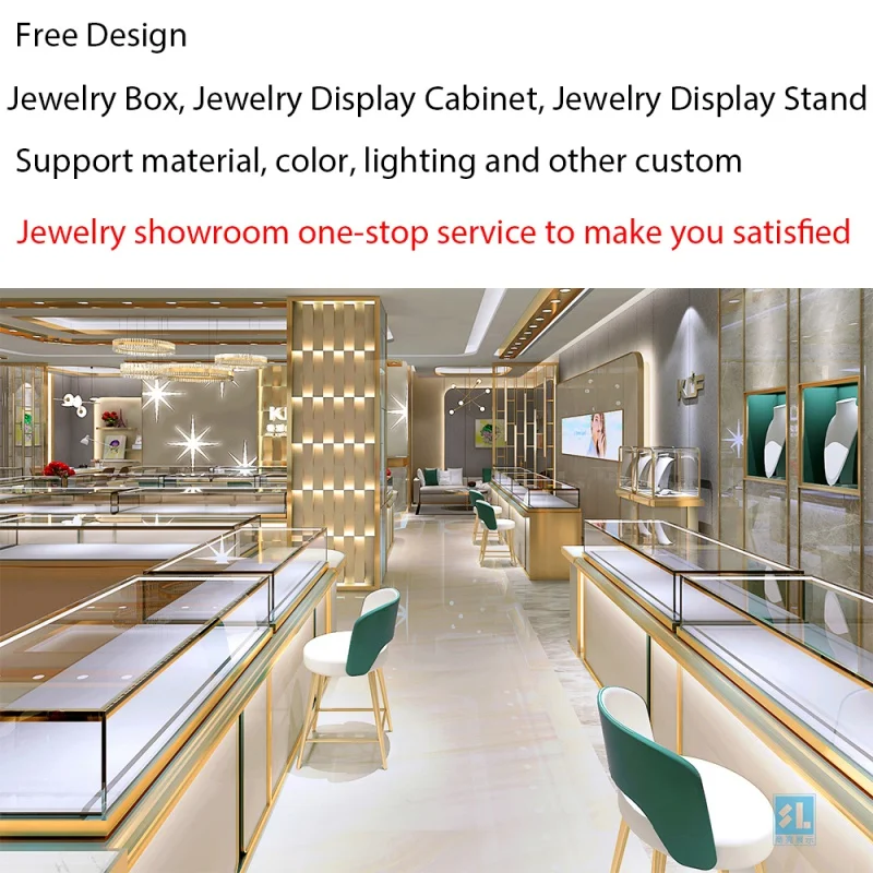 Custom. Custom logo kiosk design metal paint jewellery shop cabinet custom jewelry showcase counter with LED light