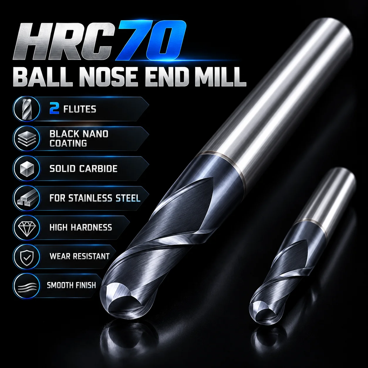HRC70 Vollhartmetall-Schaftfräser mit Kugelkopf, schwarz nanobeschichtet, hohe Härte, CNC-Fräser für Edelstahl R1 R2 R3 R4 R5 R6 – Detail 3
