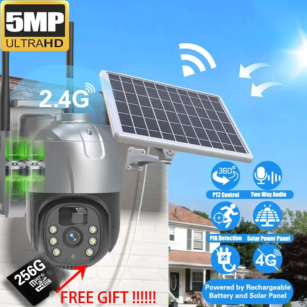 

5MP WiFi Camera 360° Solar Battery PTZ Cameras Security Protection Compatible With 256G TF Card PIR Detection Color Night Vision