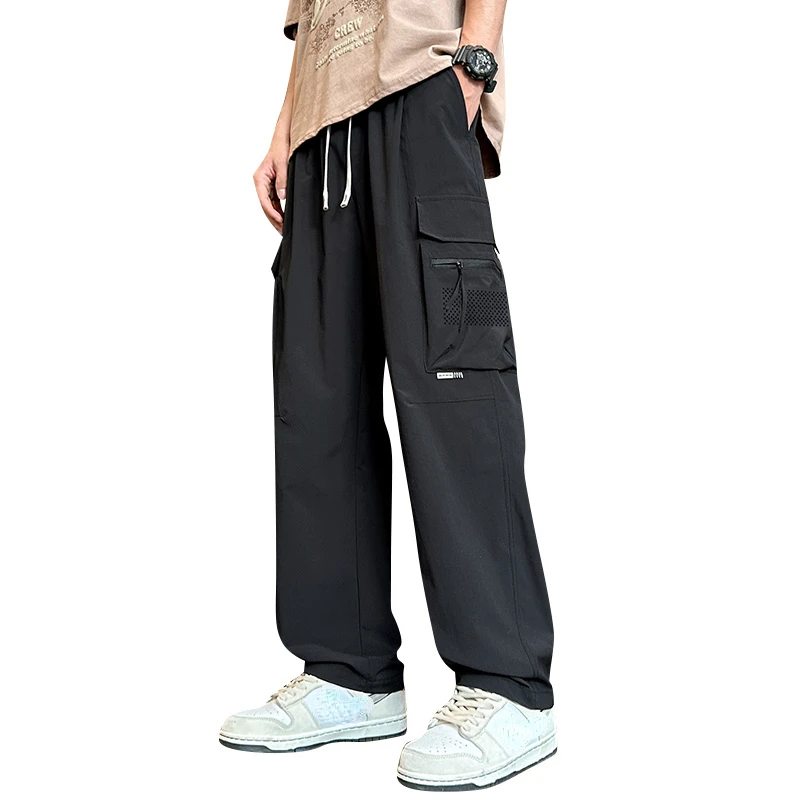 Casual Cargo Pants Men Soild Drawstring Elastic Waist Trousers Summer Cool Breathable Streetwear Black Green