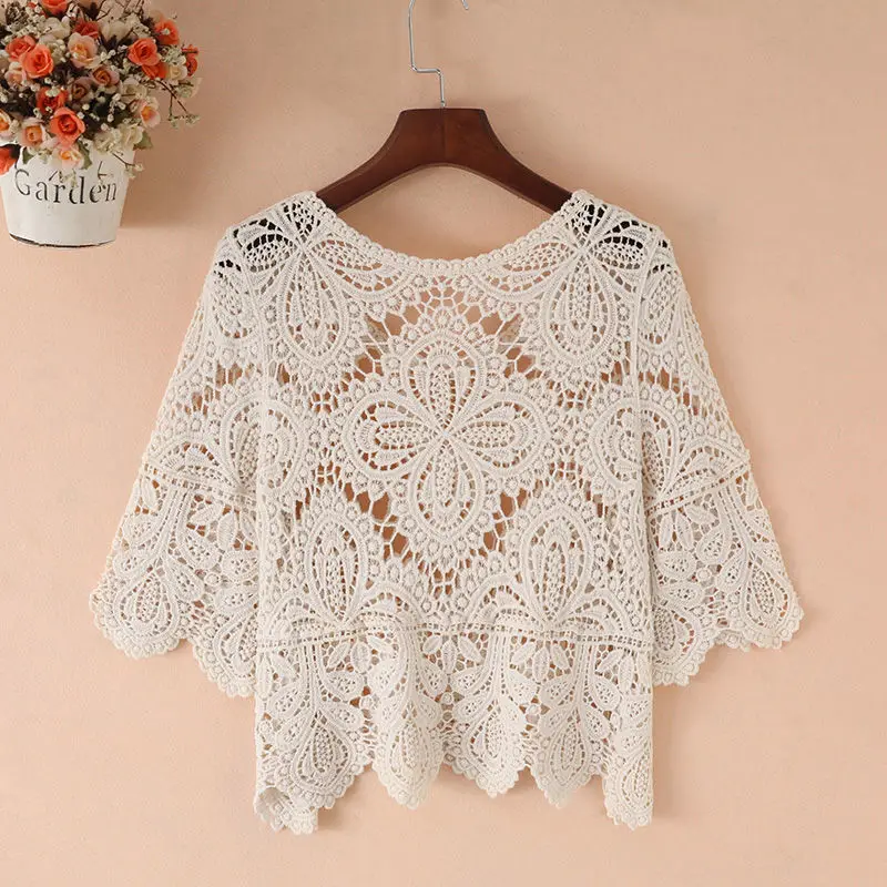 2023 Women New Loose Hollow Short Round Neck Knitted Top Woman Casual Fashion Female Summer Pullover Printing Handmade Sweater