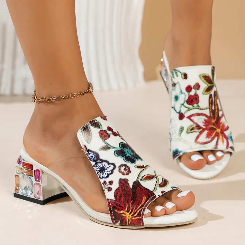 Zapatillas de piel auténtica con estampado Floral para mujer, sandalias elegantes de tacón alto, para exteriores, 2024