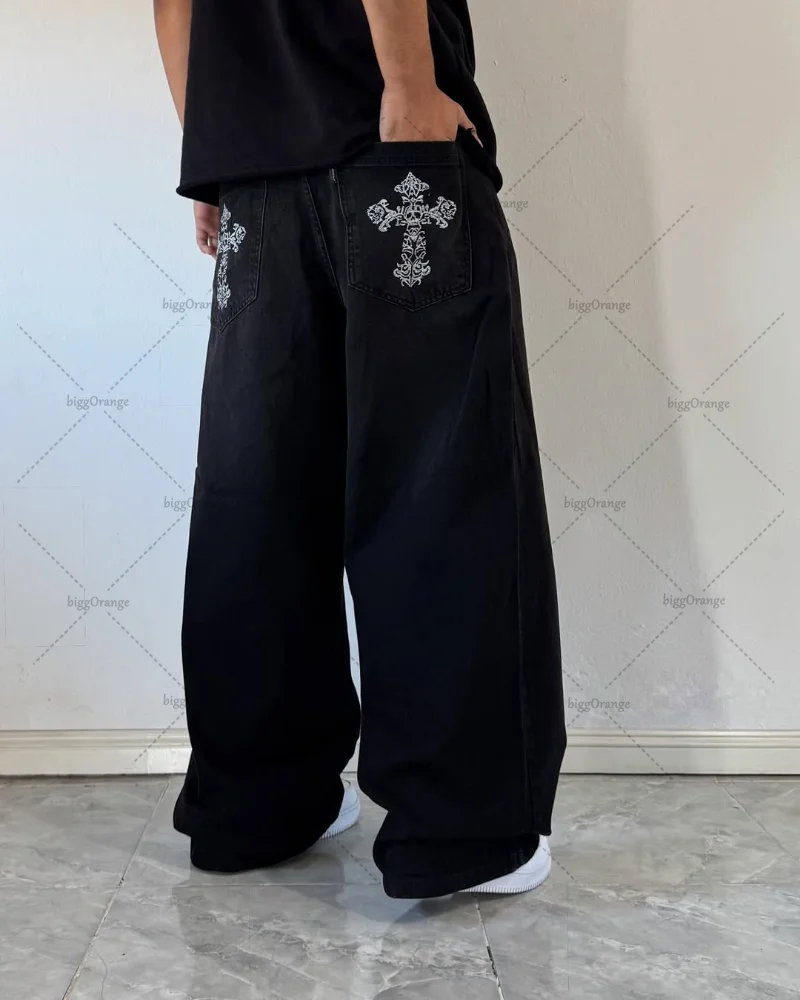 

Retro Hip hop streetwear Men jeans Gothic Punk fashion Wide-leg jeans Trend skull pocket embroidered baggy high-waisted pants