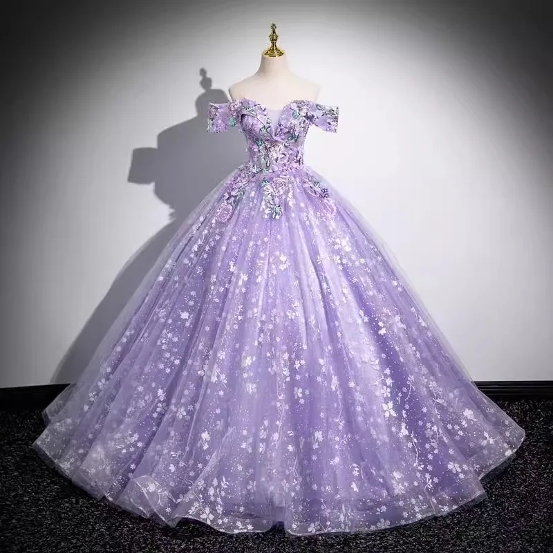 Customized Violet Prom Dress 2025 3D Flowers Evening Party Gown Off the Shoulder vestidos de noche Floor-Length