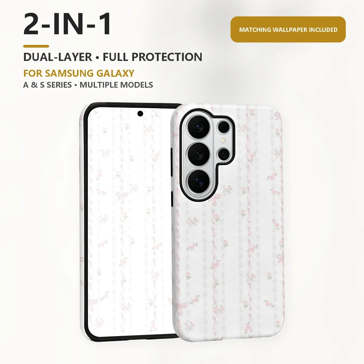Pink Ribbon Floral Stripes 2-in-1 Dual-Layer Phone Case for Samsung Galaxy S26 S25 S24 Plus Ultra FE S20 FE A56 A17 A16 A15