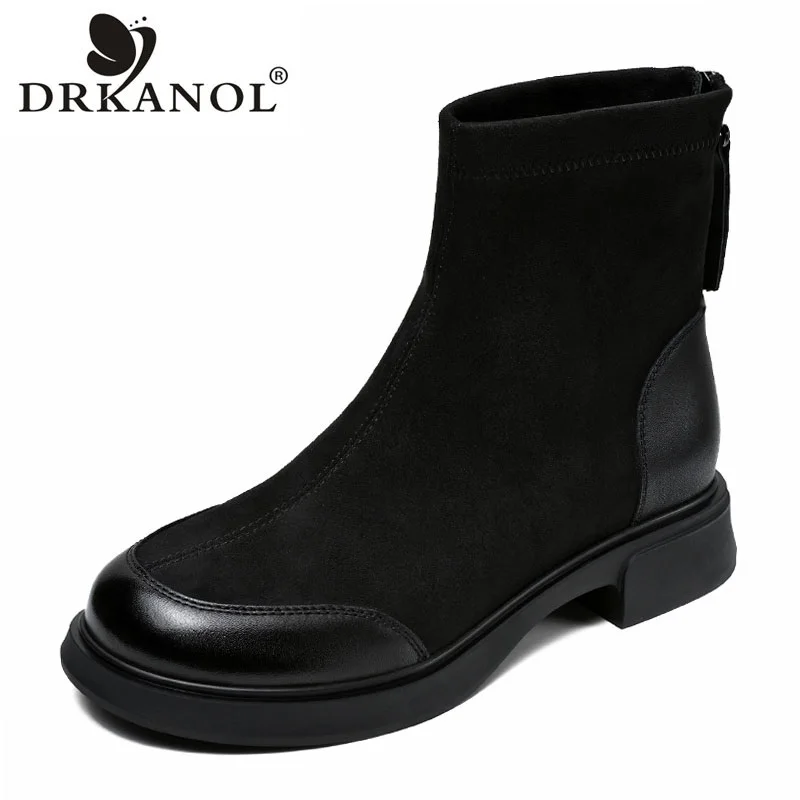 DRKANOL 2024 Autumn Winter Ankle Boots For Women Flat Heel Genuine Leather Elastic Suede Back Zipper Trend Short Boots Female