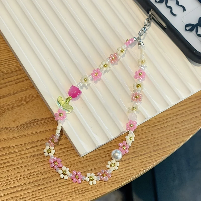 Korean Cute Tulip Flower Beaded Phone Strap, Sweet Pearl Decor Anti-Lost Lanyard Phone Accessories for Women & Girls