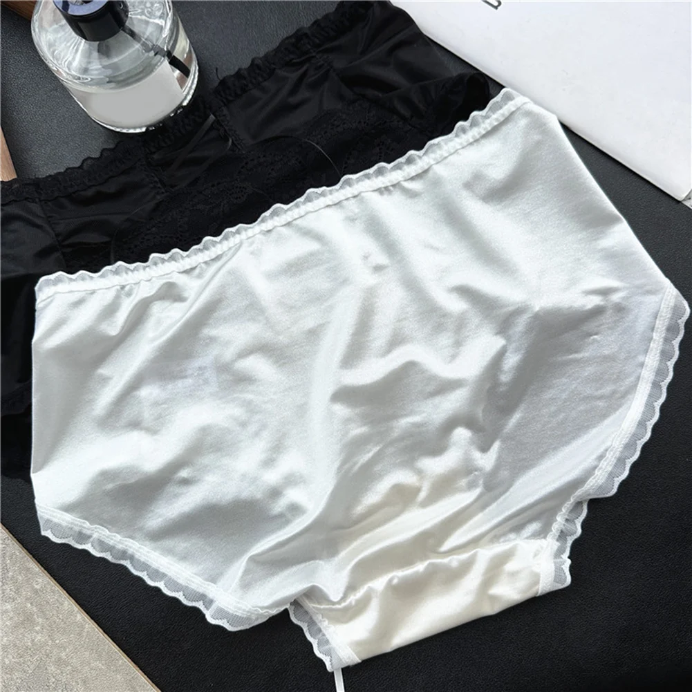 Womens Fashion Shiny Ice Silk Mesh Comfortable Stretch Splicing Lace Up Seamless Breathable Mid-Waist Panties Thin Strap Lace