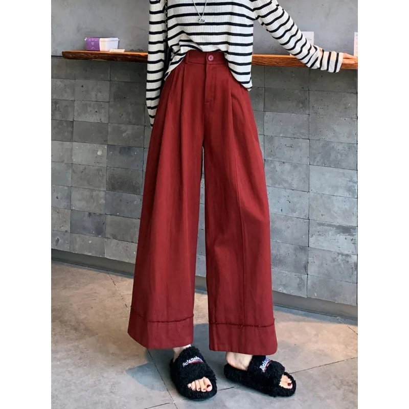 Cotton Wide-leg Stretch Pants Women's Autumn New Design Sense Flanging High Waist Loose Casual Straight Pants