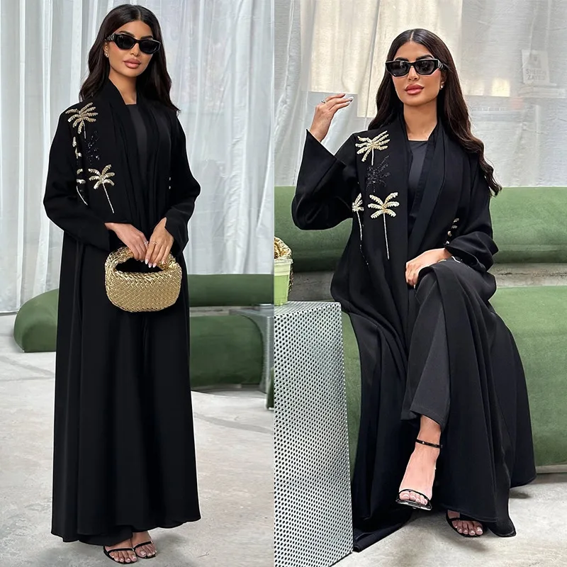 

Black Beaded Embroidered Open Front Abaya Dress with Wide Sleeves - Women's Modest Polyester Kaftan for Daily & Religious Wear
