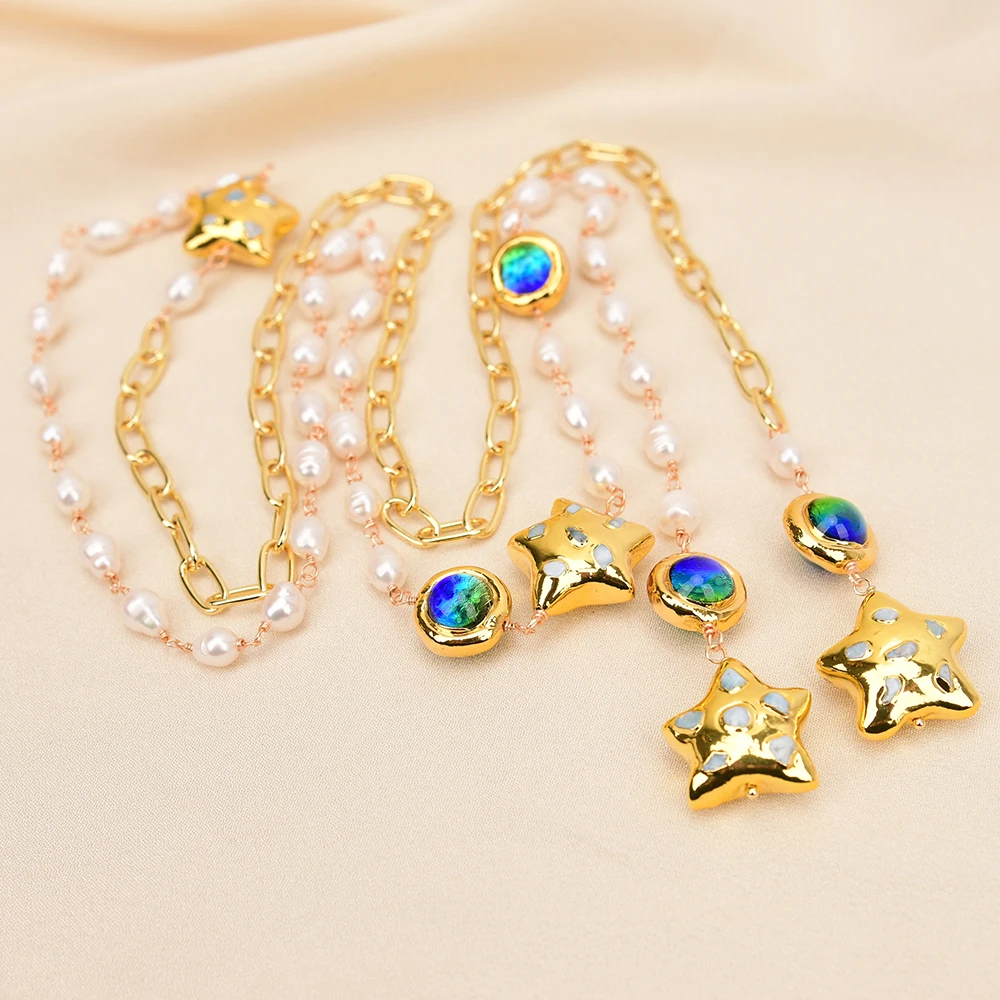 GG 55'' Cultured White Rice Pearl Gold Edged Blue Murano Glass Beads Larimar Stars Long Necklace