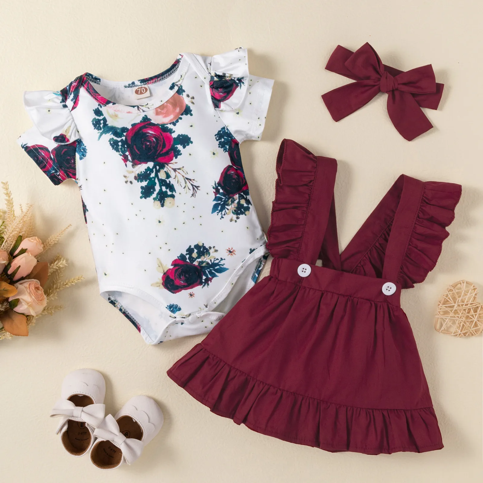 0-18M Baby Clothes Girls Floral Bodysuit Short Sleeve Romper Jumpsuit Tops Suspender Skirts Headband Sets Newborn 3Pcs Outfits