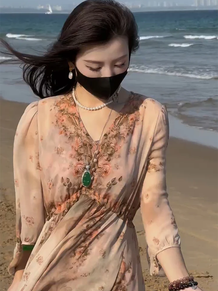 Sommer 2025, lässiges, florales, zweiteiliges Dr-Set für Damen, hohe Taille, A-Linien-Rock, V-Ne, lang, Sve Vaion Sle Dres