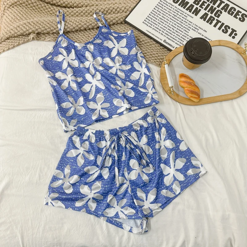 4-teiliges Sommer-Set für Damen: Atmungsaktives, bedrucktes ärmelloses Top und Shorts, hochwertige, ultradünne Freizeitkleidung, Damen-Schlafanzug – Detail 23
