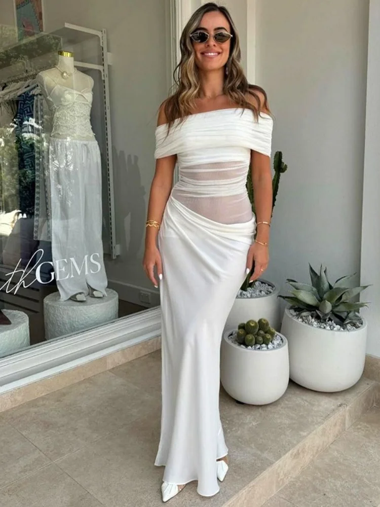 Off Shoulder Long Dress For Women Aesthetic Clothes See Through Mesh One Piece Vestidos De Mujer Hollow Out Folds Robe Femme Y2k