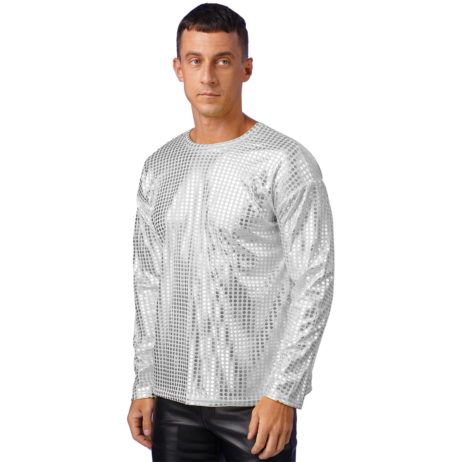 Mens Metallic Shiny White Sequins T-Shirt Tops Long Sleeve Round Neckline Shirt Disco Christmas Halloween Party Stage Costumes