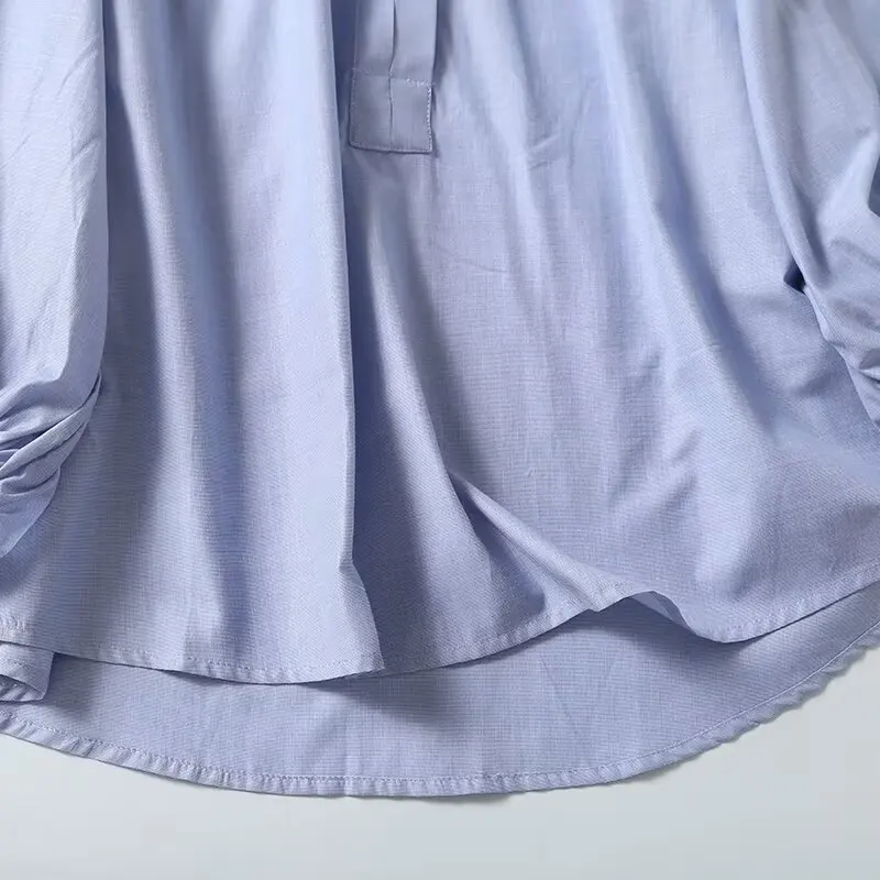 Maxdutti Nordic Minimalist Lake Blue Loose Fitting Tops Shirt Women Casual Long Sleeve Pleated Blouse Women