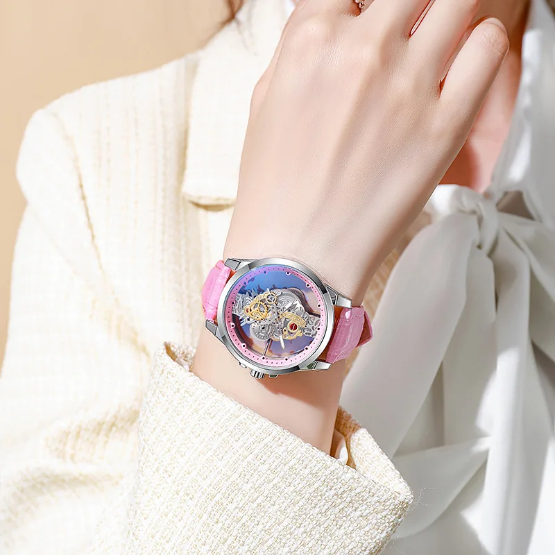 Orologio al quarzo da donna di vendita calda Orologio da polso da donna impermeabile con design scheletro cavo luminoso Cintura in pelle Reloj De Mujer