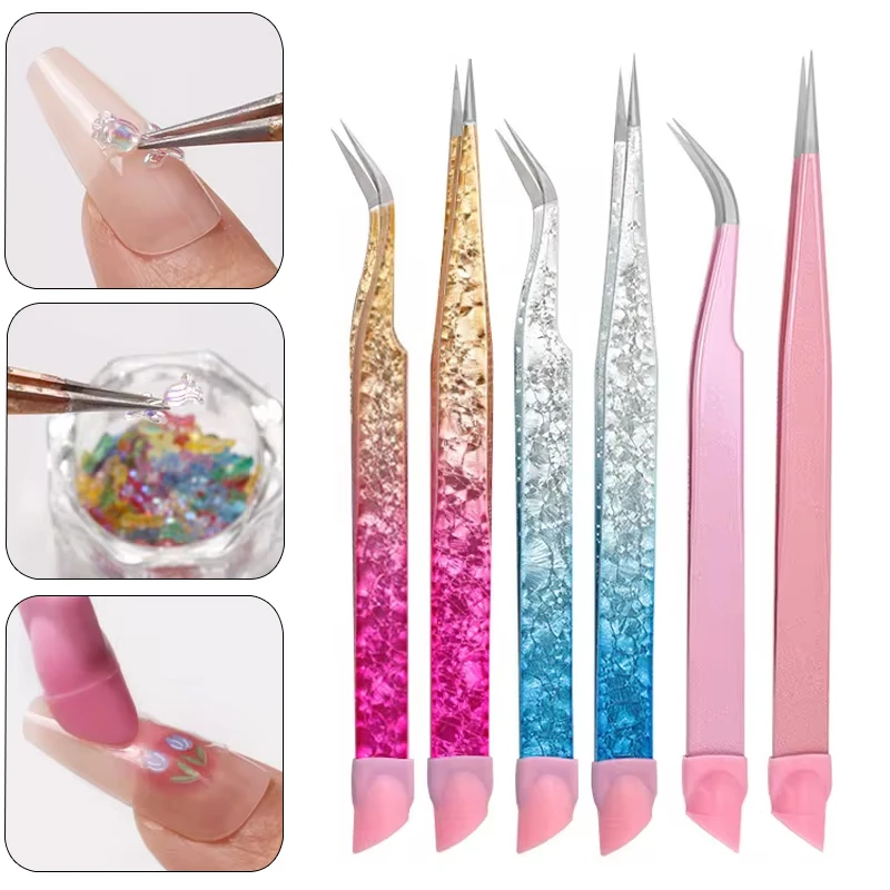 Pinzette per Nail Art con adesivi per unghie con testa a pressione in Silicone Pick Up Clip pinzette per estensione ciglia strumenti per Manicure per il trucco