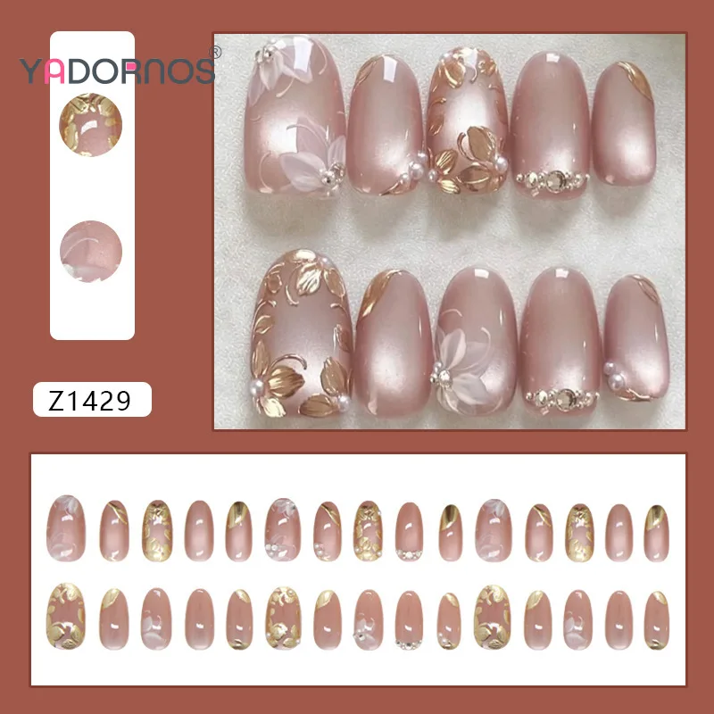30pcs Press On Nails Cat Eyes Pearl Golden Flowers False Nails DIY Press on Nail for Women Daily Wear Party Wedding Decor