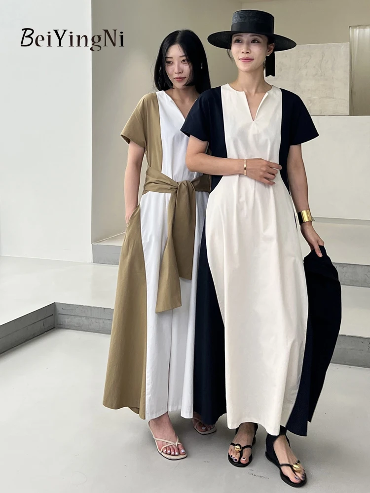 Beiyingni Spell Color Chic Oversized Loose Dresses Women Sashes Retro Style Leisure V-neck Korean Long Dress Woman 2024 Vestidos