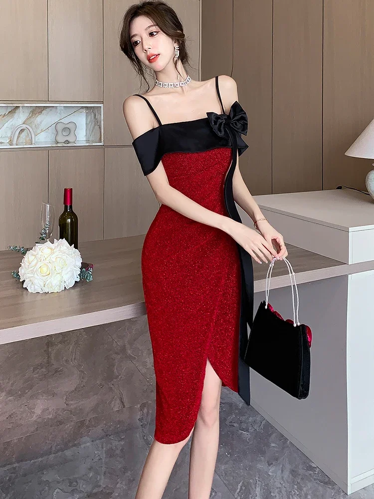 Abiti da gala chic con fiocco nero patchwork rosso Donna Estate elegante aderente Sling Abito sexy 2024 Abiti da sera per feste di lusso coreani